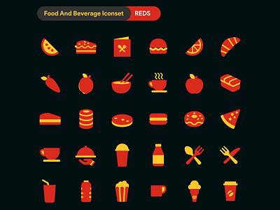 [ $1 ] DuoTone Icon - Food and Beverage Iconset - REDS banana icon beverage beverage icons burger icons coffee cream roll icon donut icon duo tone duotone flat icon food icon food menu icon healthy food ice cream icon iconset milk icons nachos icon orange icon pizza icon vegetables icons