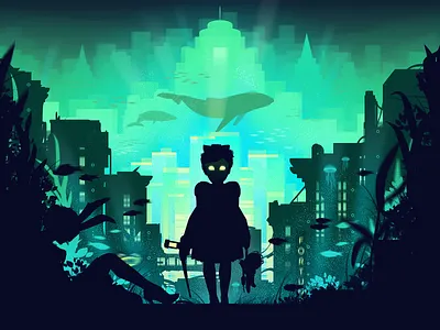 Little Sister big daddy bioshock cityscape design graphic design illustration underwater whale
