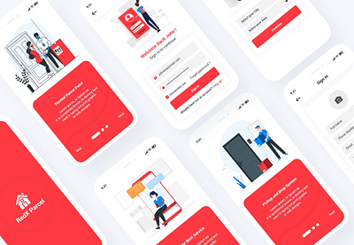 Parcel Courier Mobile App UI Template andorid. ui app business clean courier design flat freelancer illustration ios mobile parcel psd red template ui ux