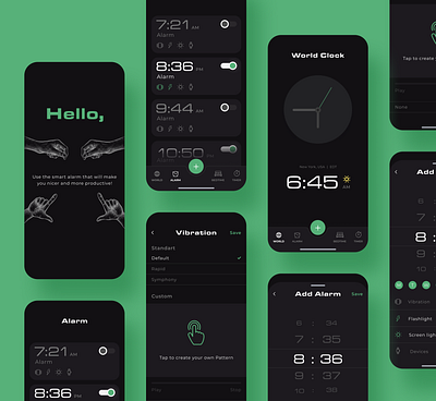 Alarm app for deaf people alarm app application clock color dark ui deaf device dumb figma flash illustration interface mobile ui uidesign ux vibration