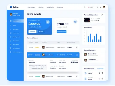 Customer Payment Dashboard billing bills cards dashboard graphs invoice money payment plan telco telecom ui ux website