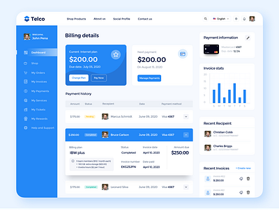 Customer Payment Dashboard billing bills cards dashboard graphs invoice money payment plan telco telecom ui ux website