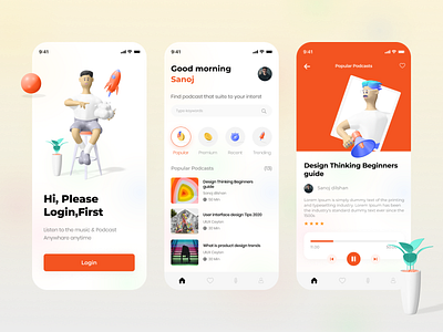 Podcasts App - Exploration 3d design 3d ui design app app design app exploration app ui design exploration figma design interface design iphone x login ui podcast podcast 3d podcast app ui design user interface design ux