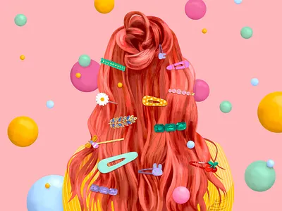 Hair Clips accessories bun bunny cherry color fashion feminine floating flowers girl hair hairstyle illustration pearls plastic popart portrait red style wavy