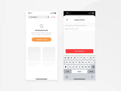 Bringova - No Result & Suggest Product card stack design error error 404 food delivery form grocery ios iphone x mobile app no result search search bar search results skeleton suggest product suggestion ui user experience ux