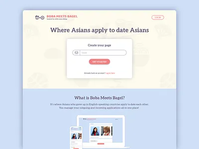 Boba Meets Bagel (Dating app) - Landing Page asian dating app boba boba meets bagel branding bubble tea coffee meets bagel dating app hero page landing page sign up sign up page subtle asian dating website design