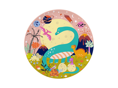 Kids Plate design - Dinosaurs birds cute design digital illustration dinosaurs eggs flowers homedecore illustration illustrator kidshomedecore moon palmtree pattern pink space stars surface design trees