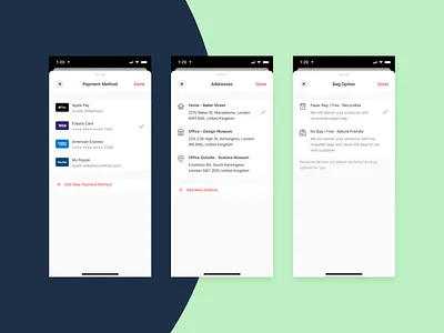 Bringova - Making Choice addresses apple pay bottom sheet card stack checkbox choose design ios iphone x mobile app modal stack multichoice native app option payment method selectbox single choice ui user experience ux