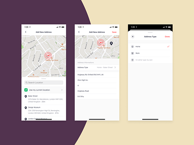 Bringova - Add New Address add add new add new address address type addresses choose create current location design ios iphone x location map mobile app modal stack native app search ui user experience ux