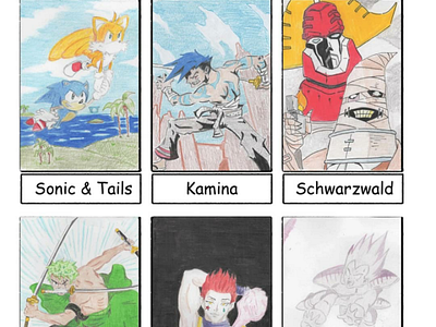 Six Fanarts Vol 1 anime colored pencil dragonball hisoka hunterxhunter illustration one piece schwarzwald six fanarts sonic tails the big o vegeta zoro