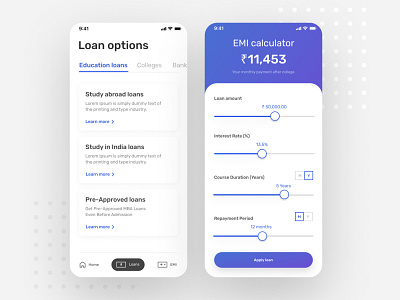 EMI Calculator education loan emi emi calculator finance fintech purple ui ux