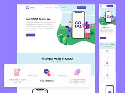 GODO Landing Page features godo homepage how it works illustration landing page landingpage relaxing reminder responsive responsive website task testimonial todo app todolist ui design web design website