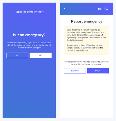 Report emergency app app blue card indigo mobile app ui