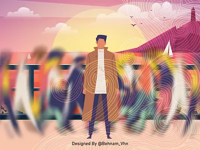 Lone Man bridge design illustration lonely man sea sunset vector