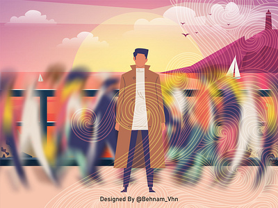 Lone Man bridge design illustration lonely man sea sunset vector