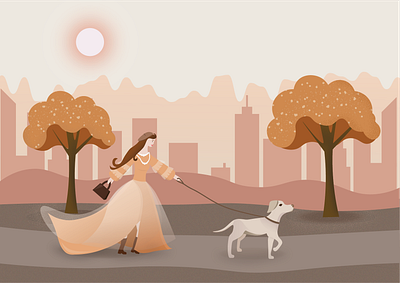 Walking in a park animal city dog illustration nature orange people illustration sunset urban