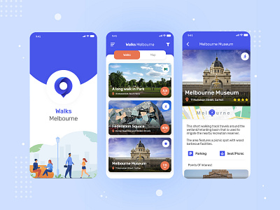 Walks Melbourne - UI/UX Design app branding design flat minimal mobile app mobile ui ui uidesign uidesigner uiux ux web