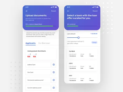 Upload documents and bank selection screen bank app education app finance fintech loan app ui uidesign uiux upload upload documents