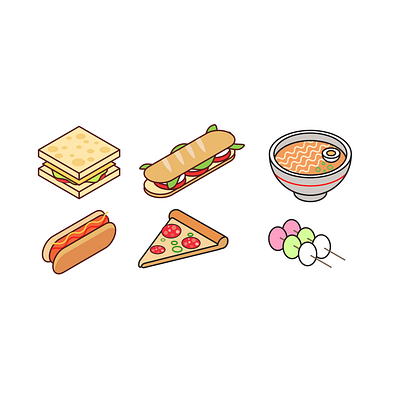 Isometric flat vector food dango flat flat illustration food hotdog icon illustration isometric isometric art isometry noodle pizza ramen sandwich vector