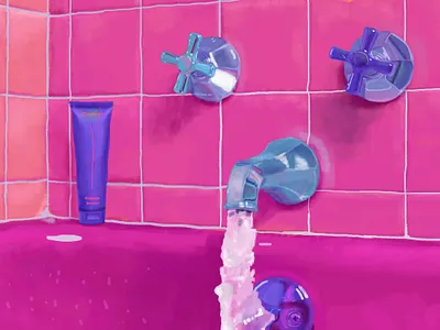 Pink Bathroom adobe photoshop art artwork bathroom bathtub canvas color illustration impressions life light metal oil paint pink post modern reflection shine technical tiles water