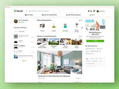 Houzz -Web Homepage banner card cards ui carousel feed home page home screen homepage houzz hover hover state pills product design profile rails ui ux ux ui web website