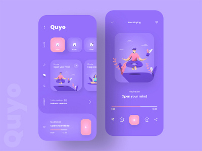 Meditation App Design | Quyo app app design branding clean design fitness health app illustration ios meditation meditation app minimal mobile app music app music player product design ui ux yoga yoga app