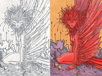 Hrapy angryalbatros bird fairytale harpy illustration line art mystic