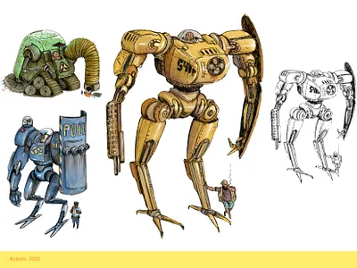 Old robots angryalbatros digital art illustration lineart mechanic procreate robots