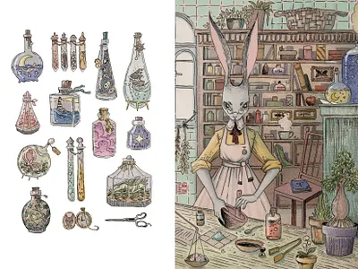 Rabbit laboratory angryalbatros botanic character illustration laboratory lineart rabbit