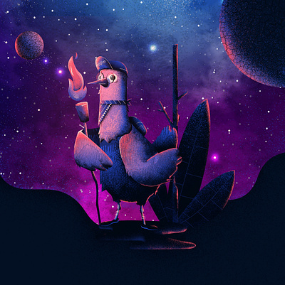 Meet Archie bird blue design galaxy illustration landscape pink shading