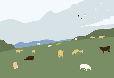 牛羊下山 illustration landscape mountain nature sheep sky