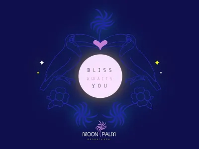 Moon Palm Resort - Bliss Awaits You adobe illustrator brand identity branding design flower hospitality illustration illustrator logo neon palm tree relax toucan travel tropical typography vacation vector women