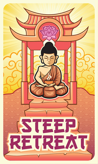 Steep Retreat Tea Label badge buddhist calm illustration label logo lotus monk mountain outdoors package design peace steep retreat sticker tea temple