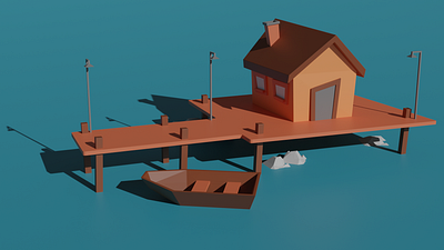 Small cartoon house with boat illustration low poly