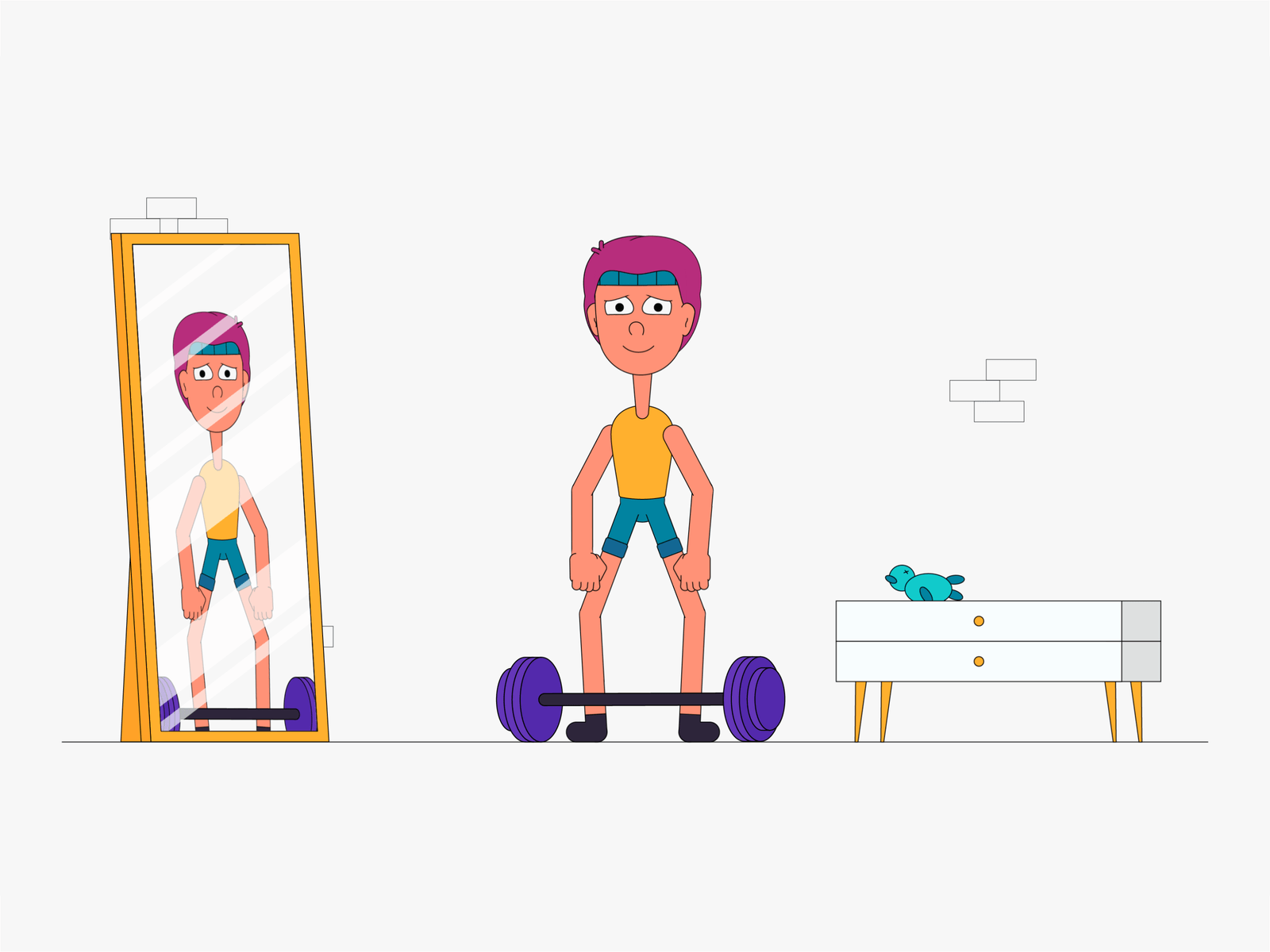 Mirror 2d animation 2danimation after effects aftereffects animation character animation character design duik duik bassel dumbbell fitness floy illustraion mirror motion motion design motiongraphics sport weight lifting weightlifting