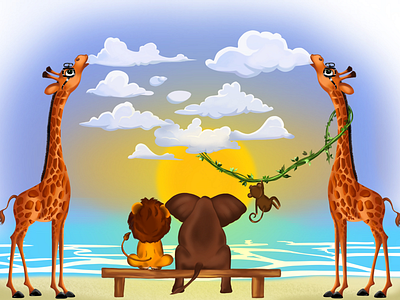 Cartoon illustration cartoon characterart childrenillustration clouds design elephant illustration jiraffe lion monkey seaside sunset