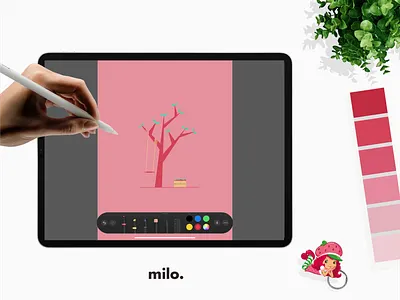 Cute tree apples crate cute design flat graphic graphics green illustration leaf leafs pink red rope simpel simple swing tree trees vector