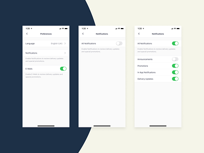 Bringova - Preferences & Notification Settings apple button clean control design ios iphone 11 pro iphone x language mobile app native app notification preferences settings switch toggle ui updates user experience ux