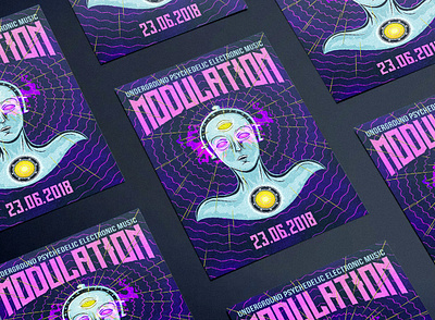 MODULATION CWB cyberpunk dark electronic event flyer graphics illustration illustrator leaflet music party poster psytrance robot vector