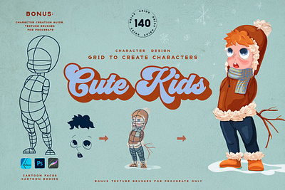 Cute Kids Grids for Procreate art character character design character grid character grids cute kid design grid grids illustration illustrations kid kids palettes portrait procreate procreate brush procreate brushes procreate grids procreate set