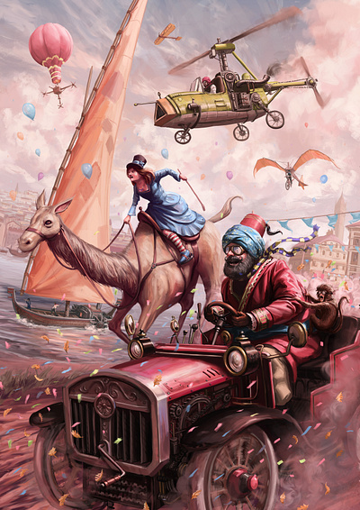 The Great Race (cropped) digital painting illustration whimsical