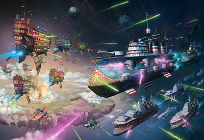 Fleet Action dieselpunk fantasy illustration space