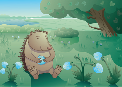 happy hedgehog fairy tale векторная иллюстрация волшебная поляна голубая клубника детская иллюстрация еж клубника клубничная поляна летнее настроение летняя иллюстрация персонаж еж поляна природа счастливый еж ягодная поляна