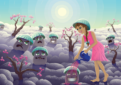 magic mushroom glade fairy fairy tale fantasy illustration векторная иллюстрация волшебная лейка волшебная поляна волшебница волшебные грибы галюциногенные грибы грибная поляна грибы девушка с лейкой детская иллюстрация лейка персонаж персонаж волшебница поляна поляна на облаках природа