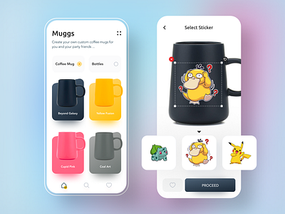 Muggs - Custom Mugs Ecommerce App app branding cards cartoon clean coffee colors dailyui design ecommerce food and drink icon menu minimal navigation bar pokemon shopping app stickers typography ui