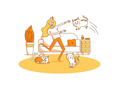 Live Is Better With Cats animal carpet cats cute illustration indoor line art line illustration livingroom playful sofa