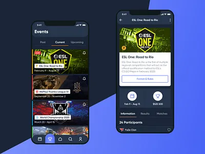 Esportsium App UX/UI (Events) app application clean concept cybersport dark design esports events game gaming minimal mobile app mobile app design modern play sport tournaments ui ux