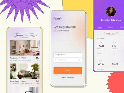 Another Mobile Interface Kit shot booking colorful followers grid mobile ui kit mockup profile sign in sign up stats thepentool