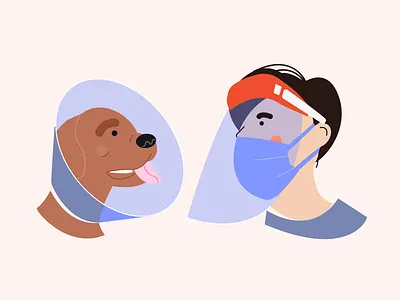 Friends in protective gear adobe illustrator character corona design dog illustration man person protective protective collar protective screen protective screen vector