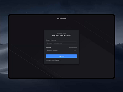 Stocklabs Login 🔑 animation app application color clean page ui dark dashboard design desktop app finance input interaction interactive login mp4 overlay popup stocklabs stocks ui ux